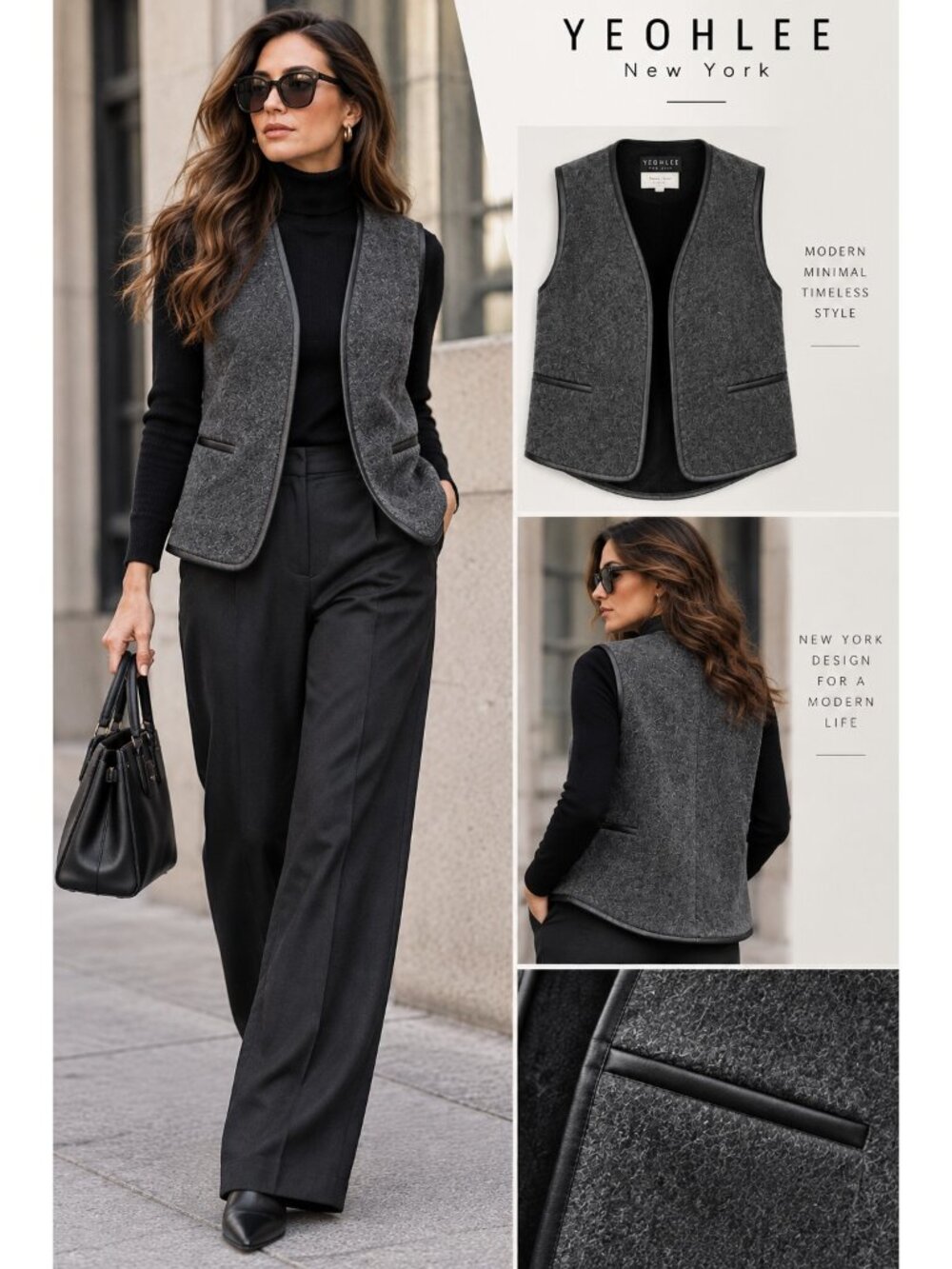 YEOHLEE New York Gray Wool Genuine Leather Trim Avant Garde Vest USA